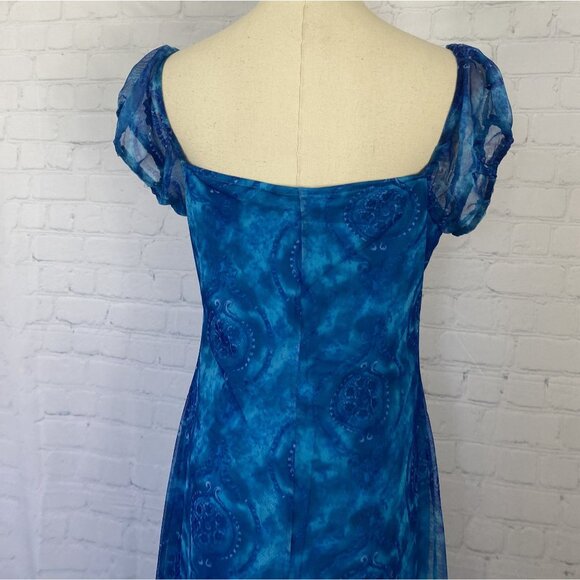 ⭐ 3/$15 Vintage Y2K No Boundaries Blue Paisley Mesh Puff Sleeve Midi Dress - Picture 6 of 8